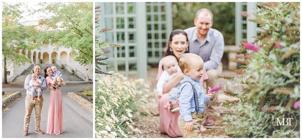 Mom and Dad holding their sons in the Airlie gardens in Warrenton, Virginia at their fall family pictures, taken by TuBelle Photography, a Prince William County Photographer.