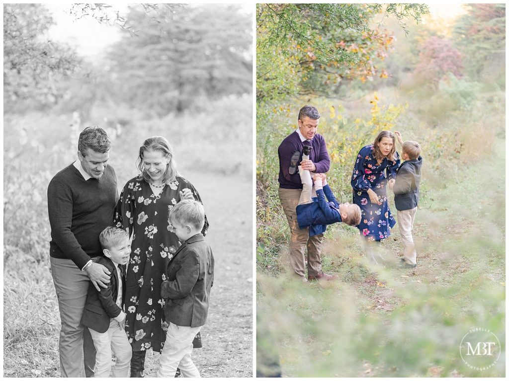 Mom and Dad play with their two boys at their fall family photos in Chantilly, Virginia taken by TuBelle Photography, a Fairfax County Virginia Family Photographer.