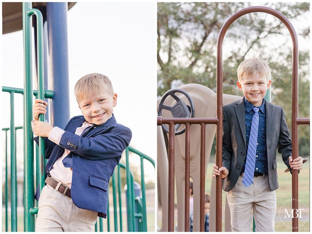 Two brothers smile and pose on playground rails at Ellanor C. Park in Fairfax County for their fall family session taken by TuBelle Photography, a NoVa Family Photographer.