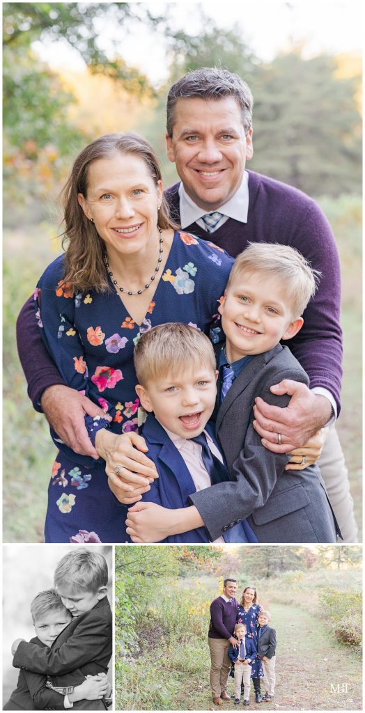 Mom, Dad and two sons smiling for their Fall Family Pictures in Chantilly Virginia taken by TuBelle Photography, a Northern Virginia Family Photographer.