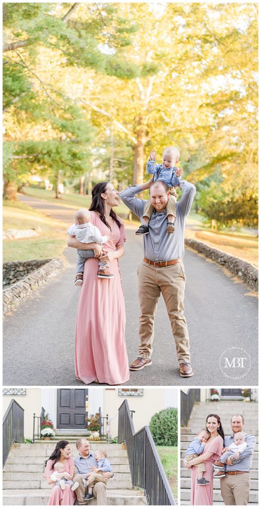 Mom holding baby boy looking at Dad holding his brother on his shoulders at their Fall Family Photos in Warrenton, Virginia taken by TuBelle Photography, a Northern Virginia Family Photographer.