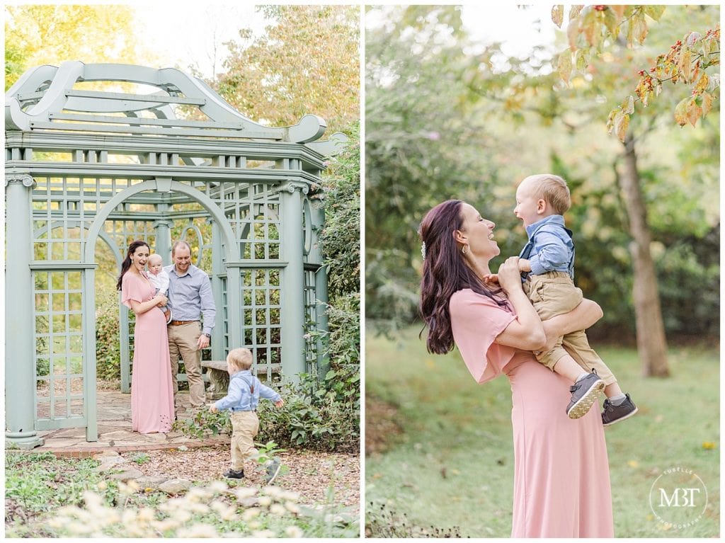 Son running towards Mom, Dad and Baby brother in the gazebo at Airlie at their fall family photos taken by TuBelle Photography, a Warrenton, Virginia Family Photographer.