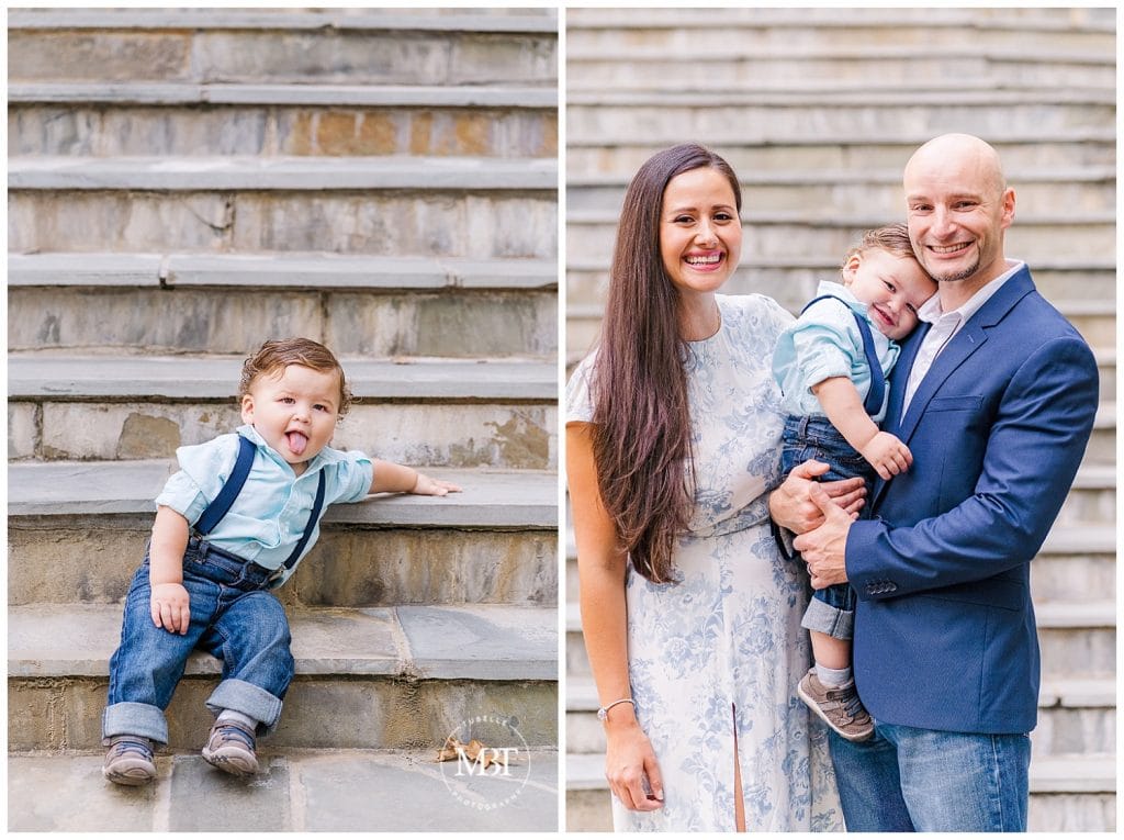 Mom and Dad holding son on Airlie Steps and little boy sticking out his tongue at their Fall Mini Photos taken by TuBelle Photography, a DMV Photographer.