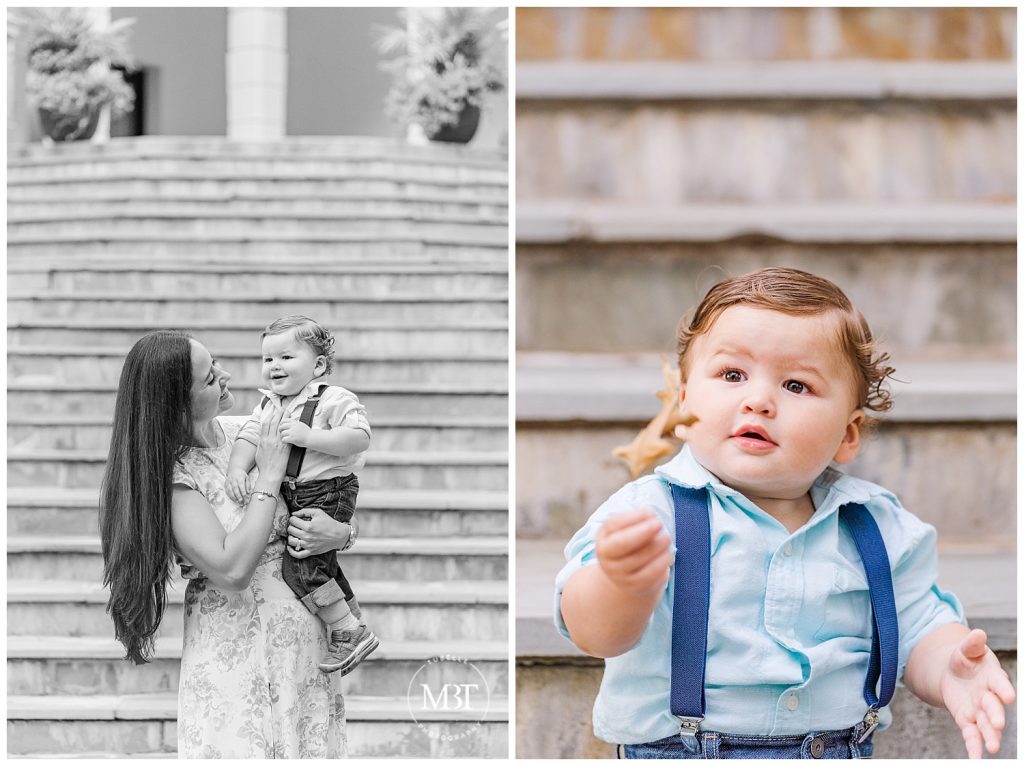 Mom holding son on Airlie Steps at their Fall Mini Pictures taken by TuBelle Photography, a NoVa Photographer.