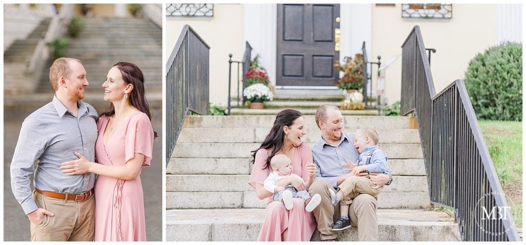 Mom and Dad holding sons in their lap on the steps at their fall family photos by TuBelle Photography, a Warrenton, Virginia Family Photographer.