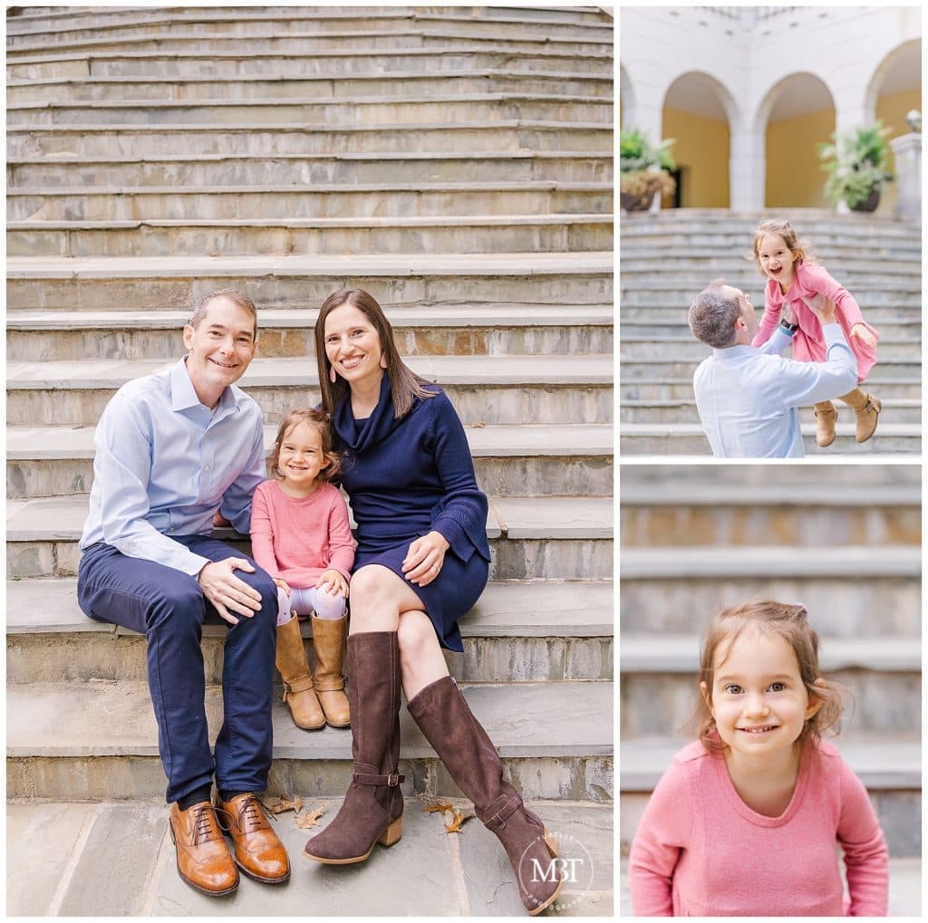 Mom, Dad and Daughter sitting together on Airlie Steps at their Fall Mini Session taken by TuBelle Photography, a Northern Virginia Photographer.