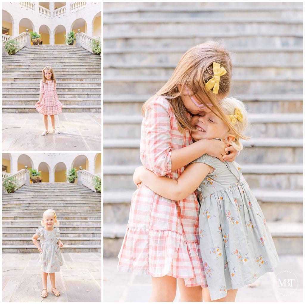 Two sisters hugging tightly on Airlie Steps at their Fall Mini Photos in Warrenton, Virginia taken by TuBelle Photography, a Northern Virginia Photographer.