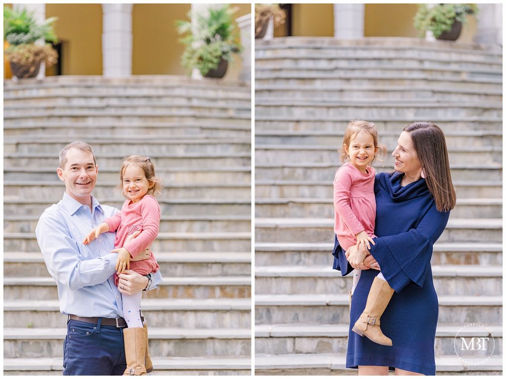 Mom holding daughter and Dad holding daughter on Airlie Spanish Steps at their Fall Mini Photos taken by TuBelle Photography, a Warrenton, Virginia Photographer.