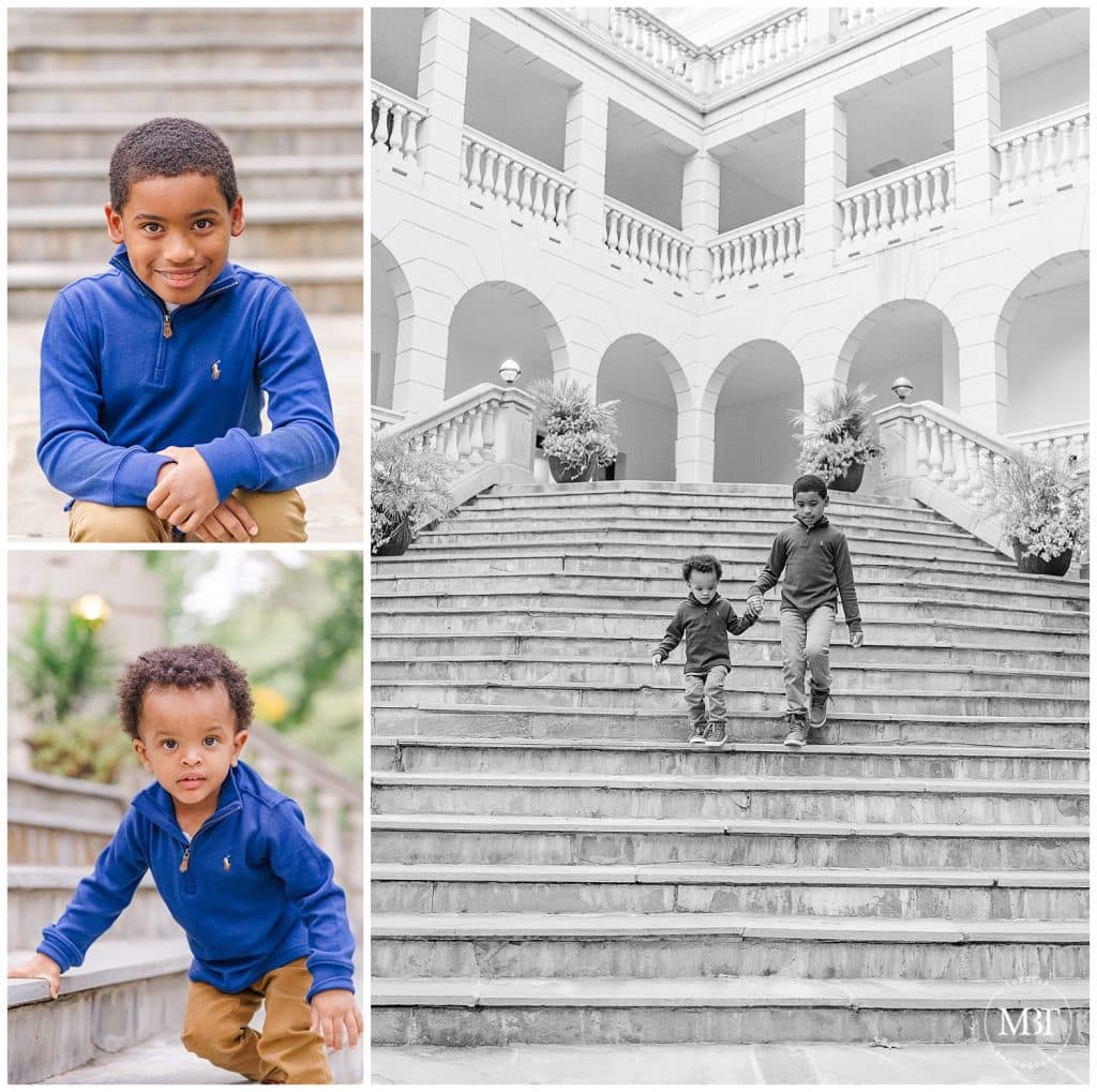 Two brothers walking down stairs, holding hand at Airlie Steps taken at NoVa Fall Mini Session by TuBelle Photography, a Warrenton, Virginia Photographer.