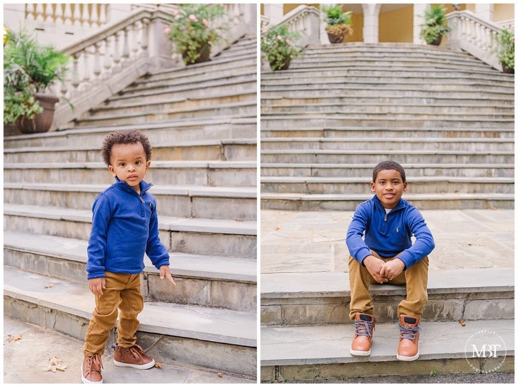 Two brothers in matching blue and khaki outfits, standing on Airlie steps at their Fall Mini Pictures taken by TuBelle Photography, a Prince William County Virginia Photographer.