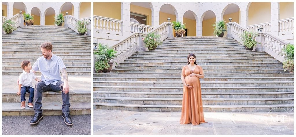 Expectant mother holding her belly in front of Airlie steps. Dad and son looking at one another while sitting on Airlie spanish steps at their Airlie Maternity Photos taken by TuBelle Photography, a Prince William County Maternity Photographer.