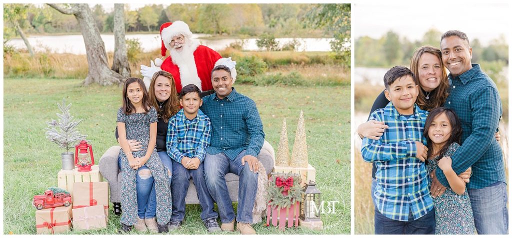 Mom, Dad, Brother and Sister pose with Santa for their outdoor Christmas Mini Session taken by TuBelle Photography, a DMV Family Photographer.