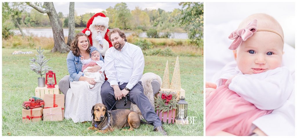 Mom, Dad and Baby girl pose with Santa and their dog at their Outdoor Christmas Mini Session taken by TuBelle Photography, a NoVa Family Photographer.
