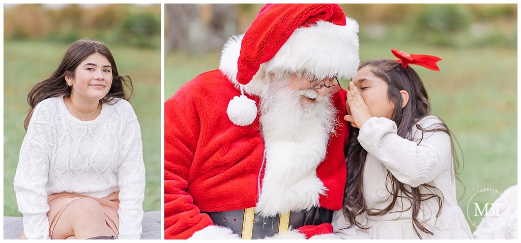 Girl telling Santa a secret at her Christmas Mini Session taken by TuBelle Photography, a Northern VA Family Photographer.