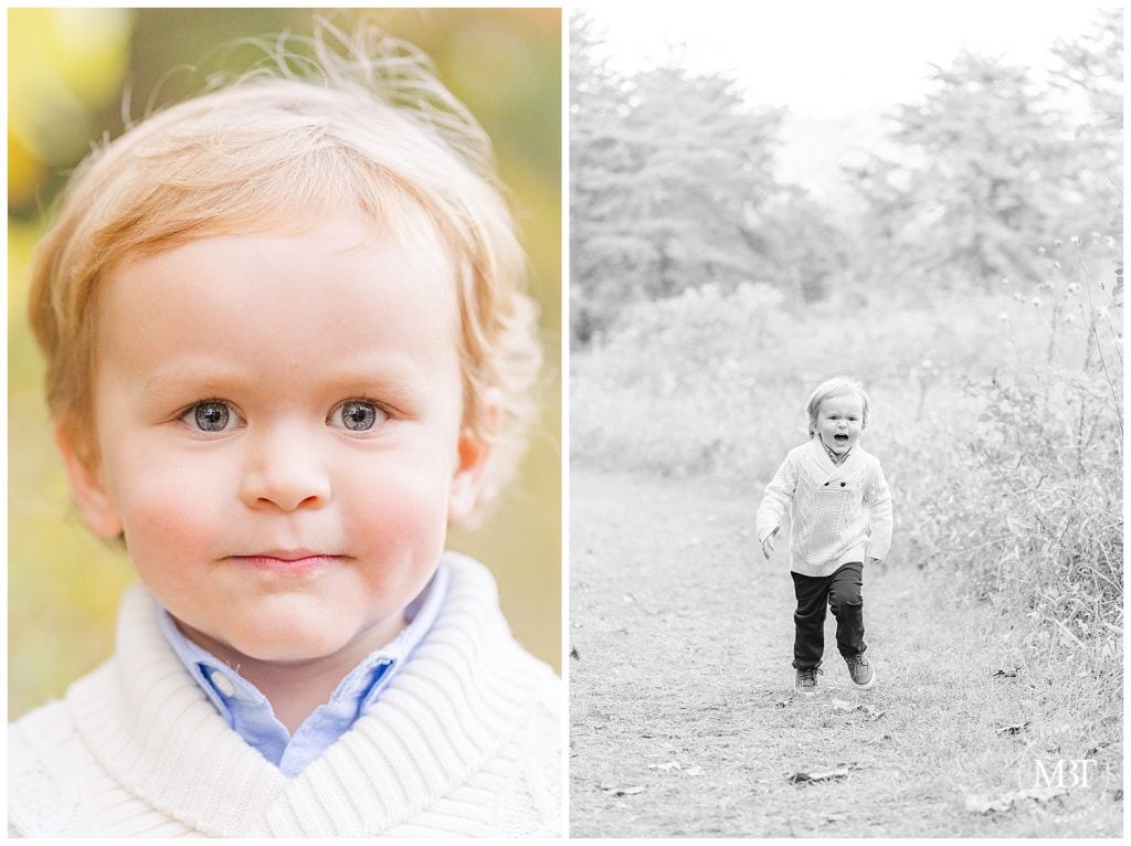 Little boy running in field at his fall mini session taken by TuBelle Photography, a NoVa Photographer.