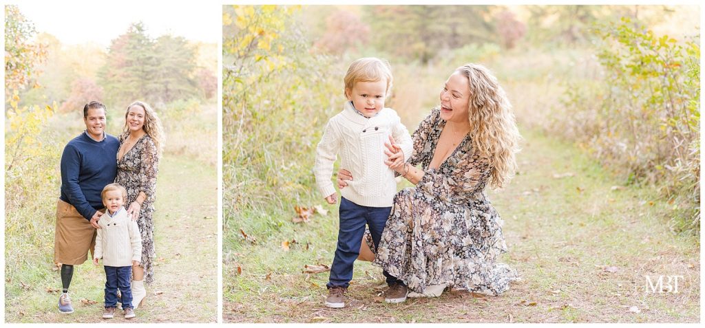 Mom laughing at little boy during their Fall Mini Session taken by TuBelle Photography, a DMV Photographer.