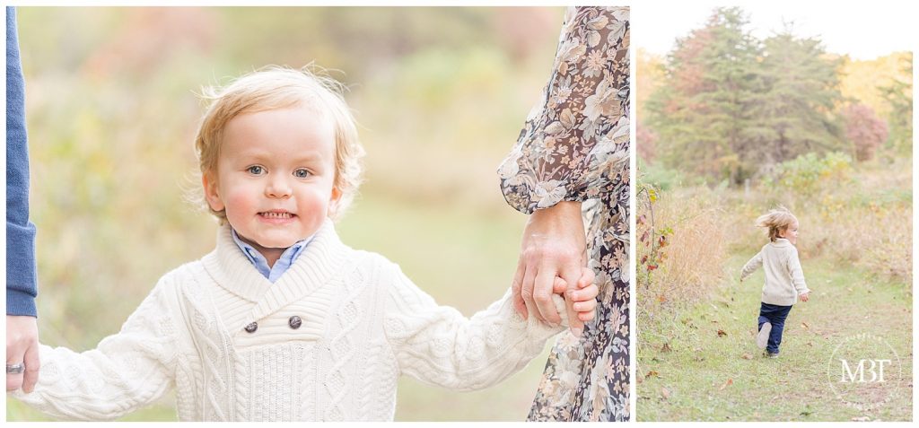 Little boy holding parents' hands at their fall minis taken by TuBelle Photography, a Fairfax County, Virginia Photographer.