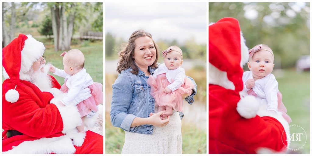 Baby girl poses with mom and Santa at her Christmas Minis by TuBelle Photography, a DMV Family Photographer.