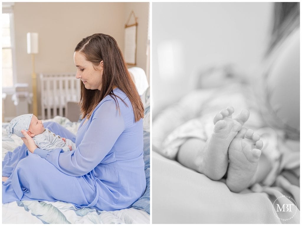 Mom looks down at newborn baby boy in blue and a close up image of baby's feet at their in home newborn photos taken by TuBelle Photography, a DMV newborn photographer.