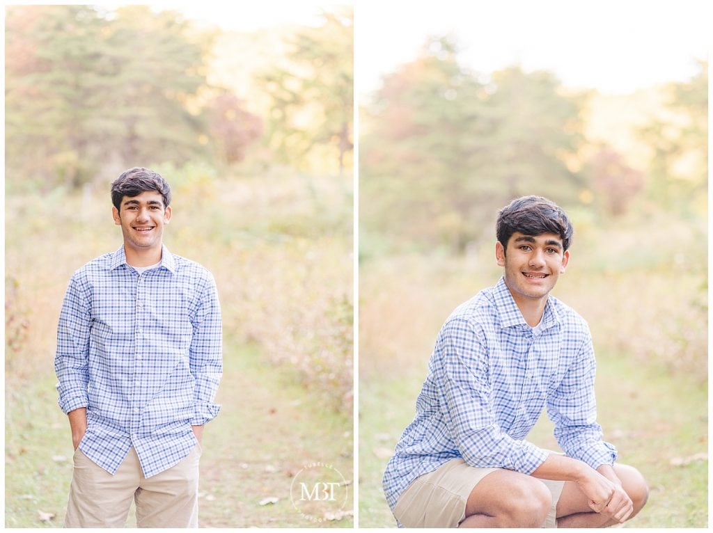 Senior boy posing with elbows on knees for his fall mini session taken by TuBelle Photography, a Northern Virginia Photographer.