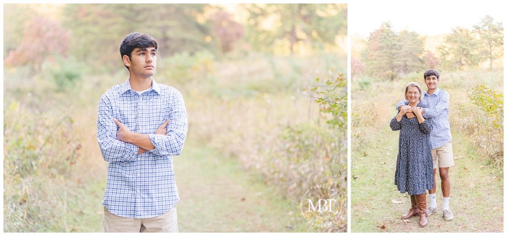 Senior boy posing with arms crossed and hugging mom from behind at their fall mini session. Taken by TuBelle Photography, a Northern VA Photographer.