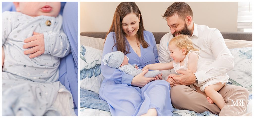 Mom, Dad and Big Sister huddle around baby boy and smile down at him and close up of baby boy's hand during their in home newborn photos taken by TuBelle Photography, a Northern Virginia newborn photographer.