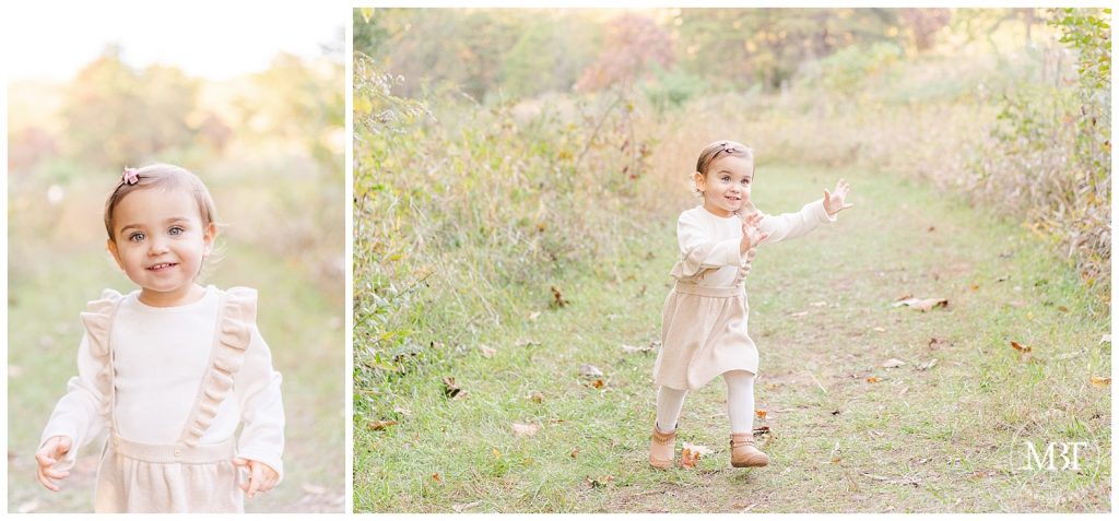 Baby girl running with hands stretched outward at her fall minis taken by TuBelle Photography, a NoVa Photographer.