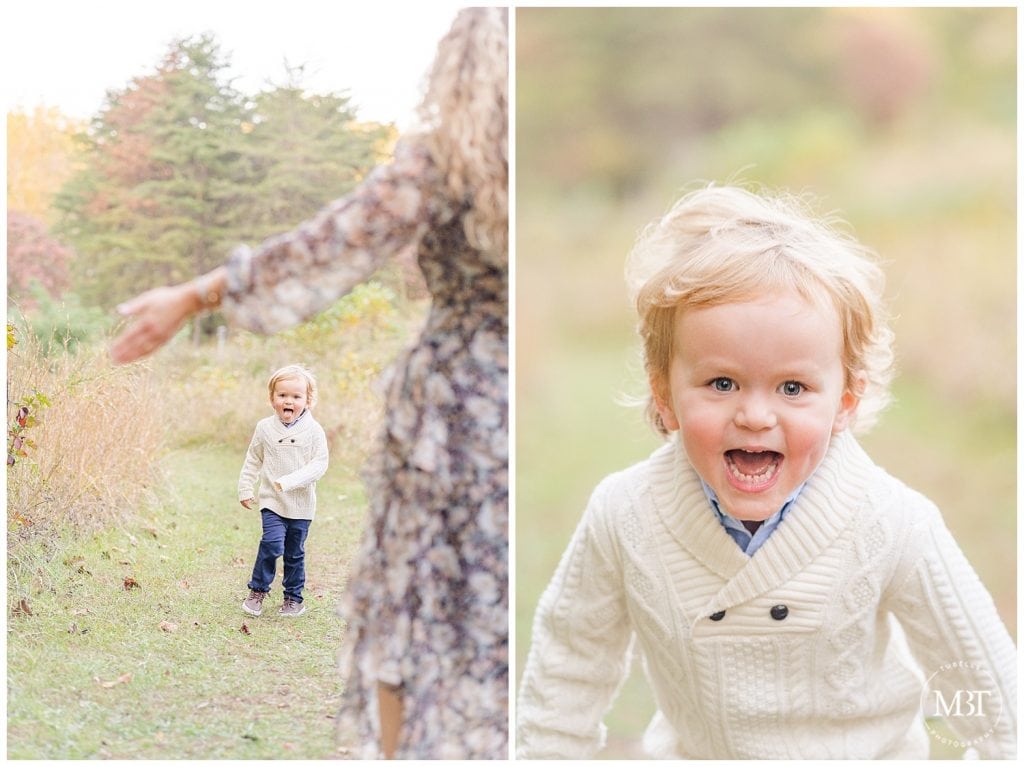 Little boy running towards mom while sticking his tongue out at his fall mini session taken by TuBelle Photography, a DMV Photographer.