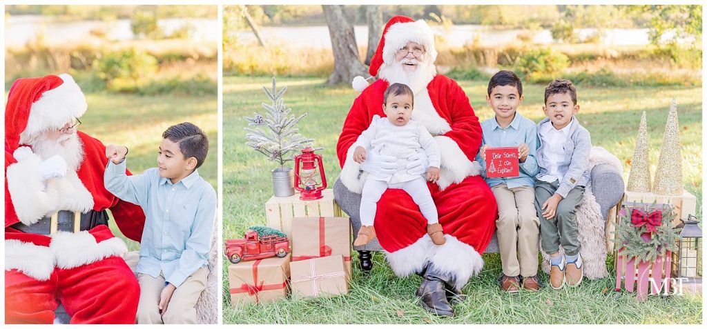 Two brothers and sister pose with Santa at their Christmas Mini Session taken by TuBelle Photography, a Northern Virginia Family Photographer.