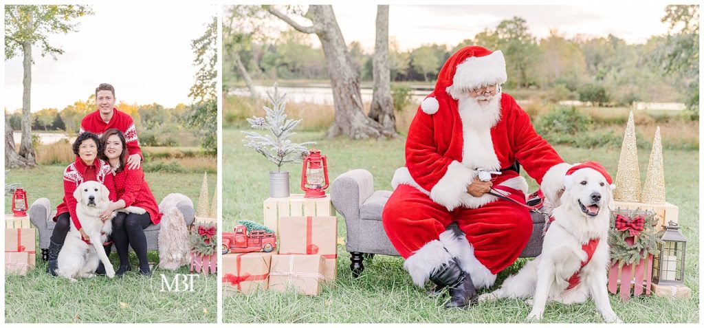 Family in red sweaters pose with Santa and their dog at their outdoor Christmas Mini Sessions taken by TuBelle Photography, a DMV Family Photographer.