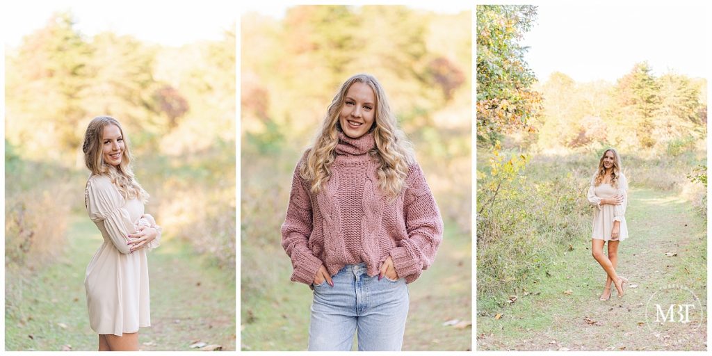 Senior girl in pink sweater and white dress poses for her fall minis taken by TuBelle Photography, a Northern Virginia Photographer.