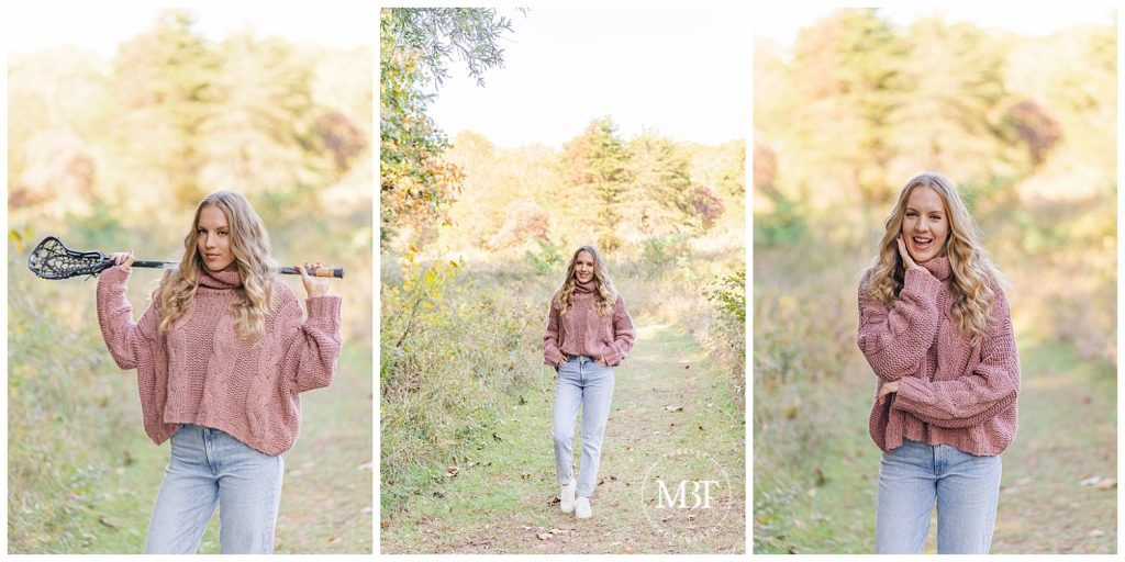 Senior girl in pink sweater poses for her fall mini session taken by TuBelle Photography, a Northern VA Photographer.