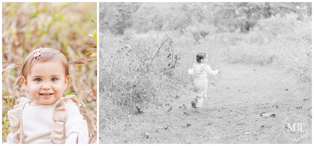 Baby girl running away in field at her fall mini session taken by TuBelle Photography, a Fairfax County, Virginia Photographer.