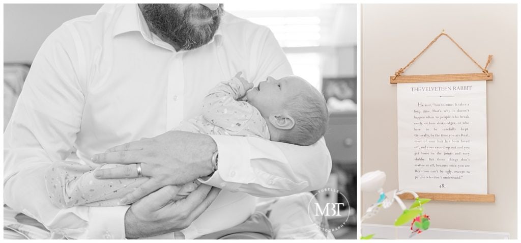 Dad holding baby boy as he looks up at him and close up of Velveteen Rabbit nursery sign at their in home newborn portraits taken by TuBelle Photography, a Northern VA newborn photographer.