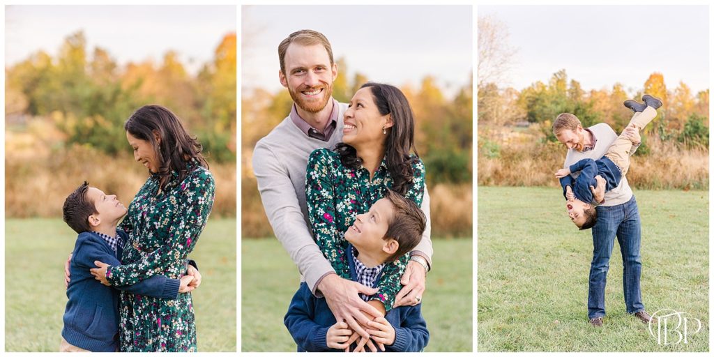 Mom hugs son and dad lifts him upside down and laughs for fall minis in Sterling, Virginia. Taken by TuBelle Photography, a DMV Photographer.