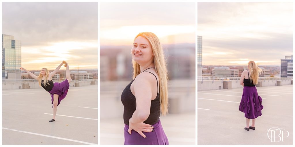 Senior girl dancing on parking garage rooftop in sunset for senior portraits in Reston, Virginia. Taken by TuBelle Photography, a Northern Virginia Senior Photographer. 