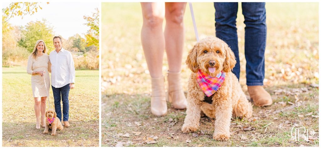Couple poses with golden doodle puppy in bandana for their fall mini sessions. Taken by TuBelle Photography, a DMV Photographer.