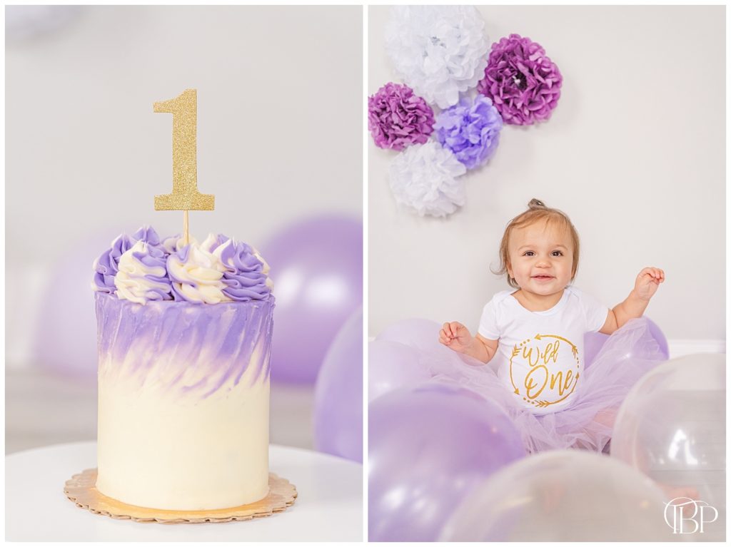 Little girl in onesie that says wild one and purple tulle skirt for cake smash session in Haymarket, Virginia & a cake with golden 1 topper taken by tubelle photography, a northern virginia cake smash photographer.