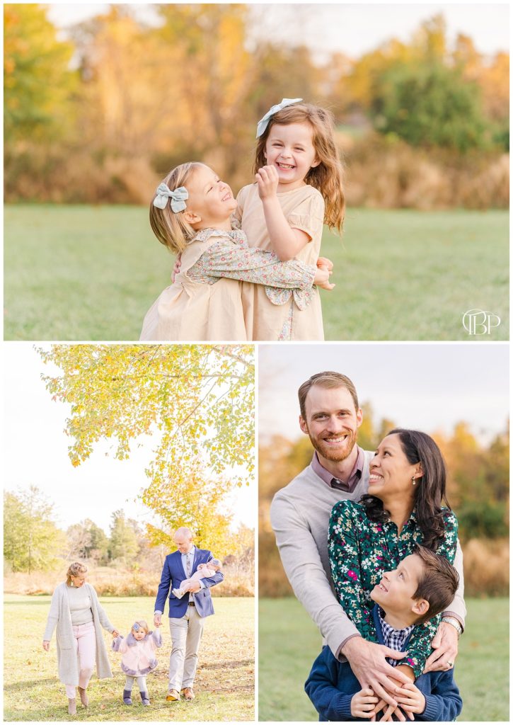 Families smile and pose together in the park for their fall mini session in Sterling, Virginia. Taken by TuBelle Photography, a Northern VA Photographer.