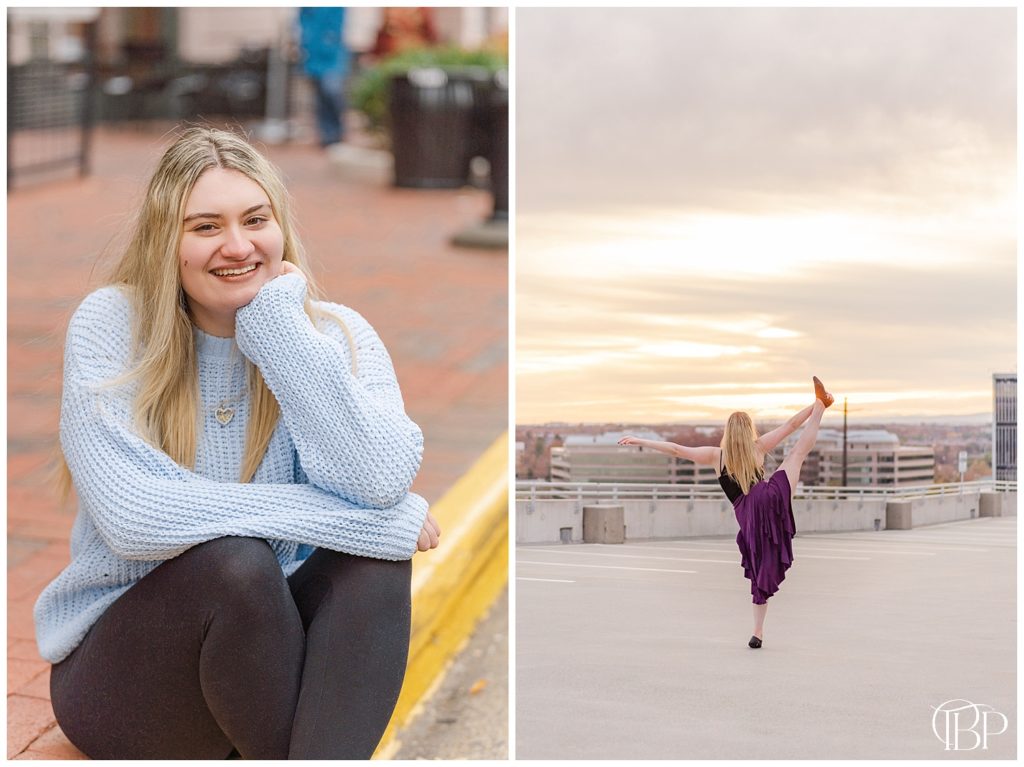Senior girl dancing on parking garage rooftop, lifting her leg high in the air for senior photos in Reston, Virginia. Taken by TuBelle Photography, a Fairfax County, Virginia Senior Photographer.