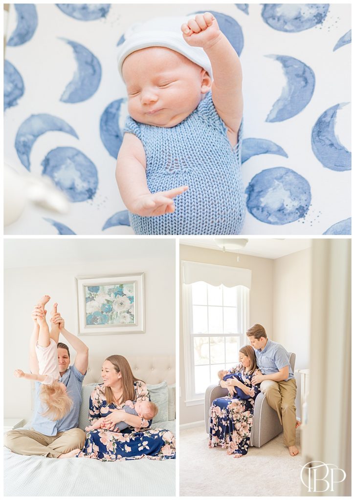 family of 4 during at home newborn photos in Fairfax County, VA, taken by TuBelle Photography, a Northern Virginia newborn photographer