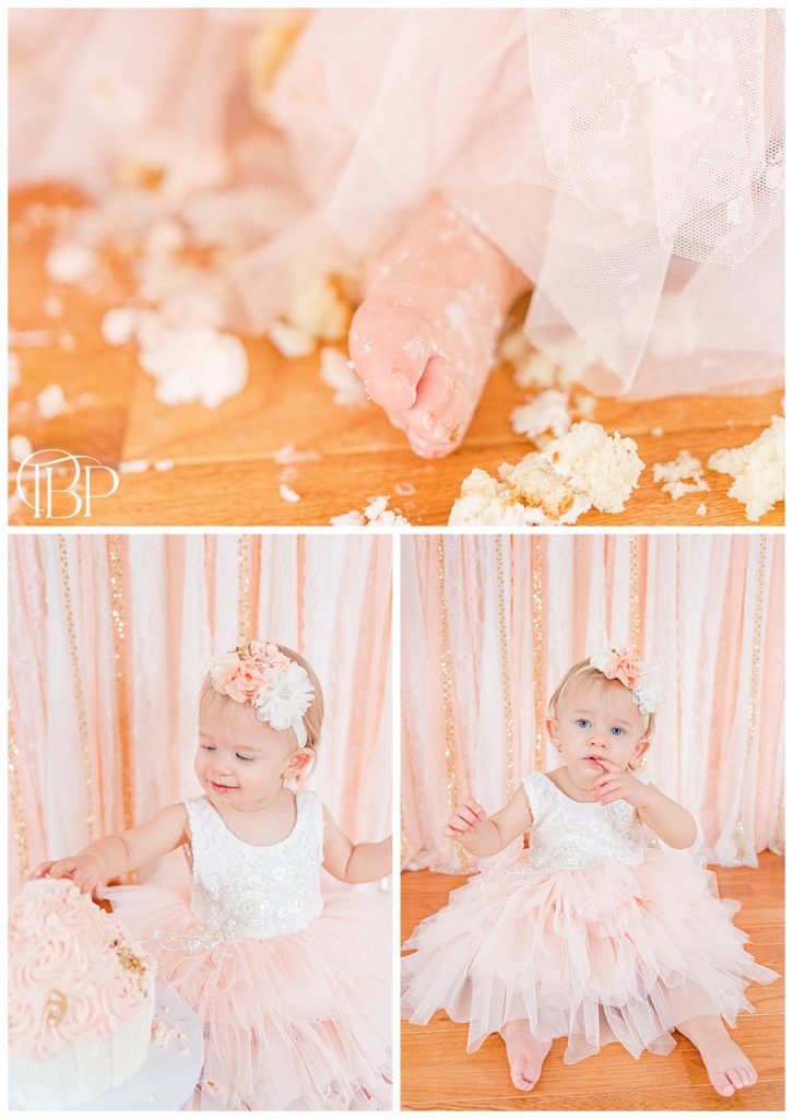 baby girl eating cake during cake smash pictures in Gainesville, Virginia taken by a Northern VA photographer