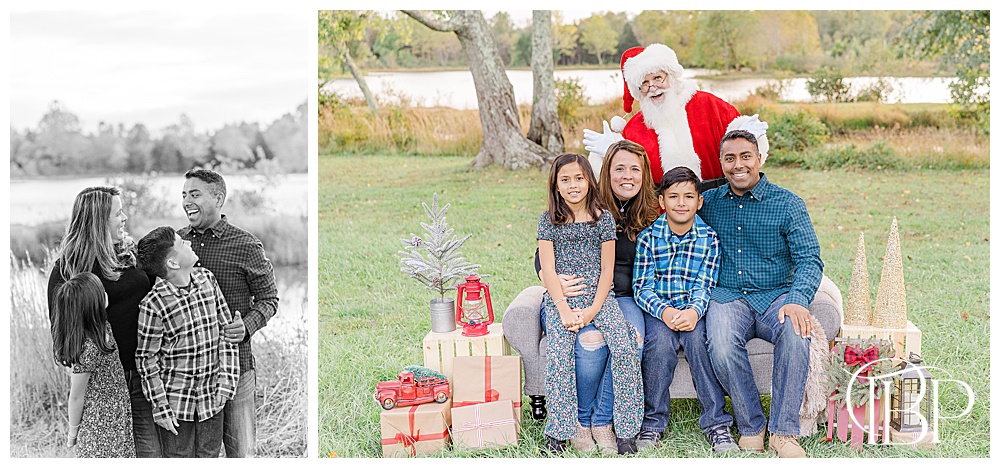 family of 4 with Santa Claus during Christmas mini session in Haymarket, VA, taken by TuBelle Photography, a Northern VA family photographer