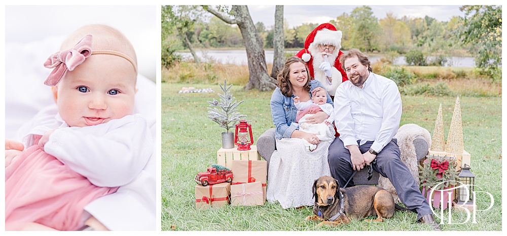 family of 4 with Santa during Christmas mini session in Haymarket, VA, taken by TuBelle Photography, a Northern Virginia family photographer
