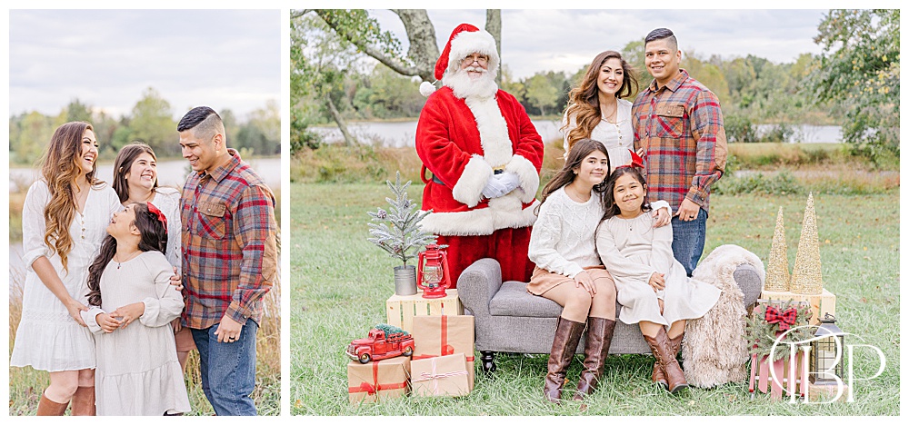 family of 4 with Santa during Christmas mini session in Haymarket, VA, taken by TuBelle Photography, a Northern VA family photographer