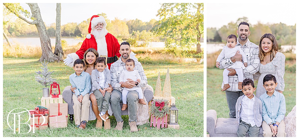 family of 5 with Santa Claus during Christmas mini session in Haymarket, VA, taken by TuBelle Photography, a Northern Virginia family photographer