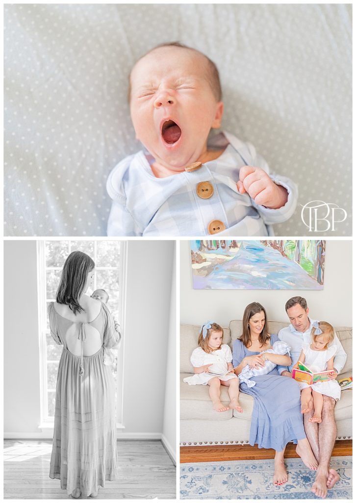 family of 5 during lifestyle newborn photos in Loudoun County, VA, taken by TuBelle Photography, a Northern Virginia newborn photographer