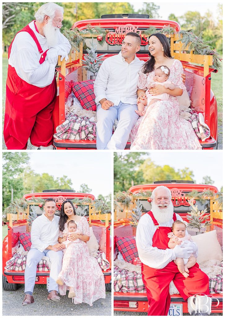 family of 3 with Santa Claus during red truck mini session in Haymarket, VA, taken by TuBelle Photography, a Northern Virginia family photographer