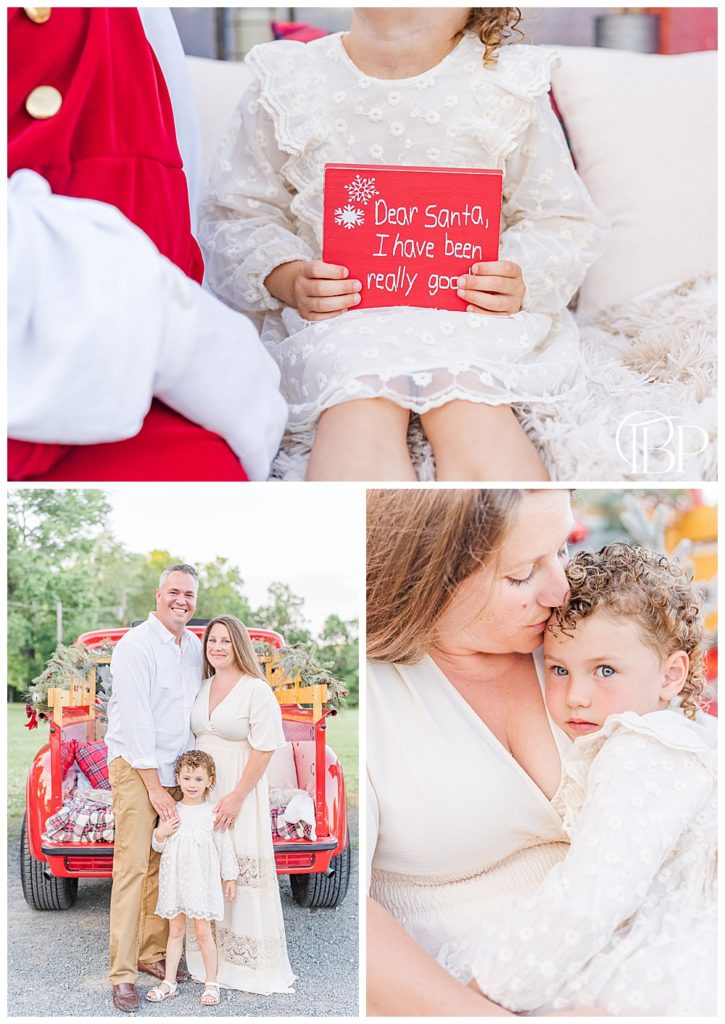 family of 3 during red truck mini session in Haymarket, Virginia, taken by TuBelle Photography, a Prince William County, VA family photographer