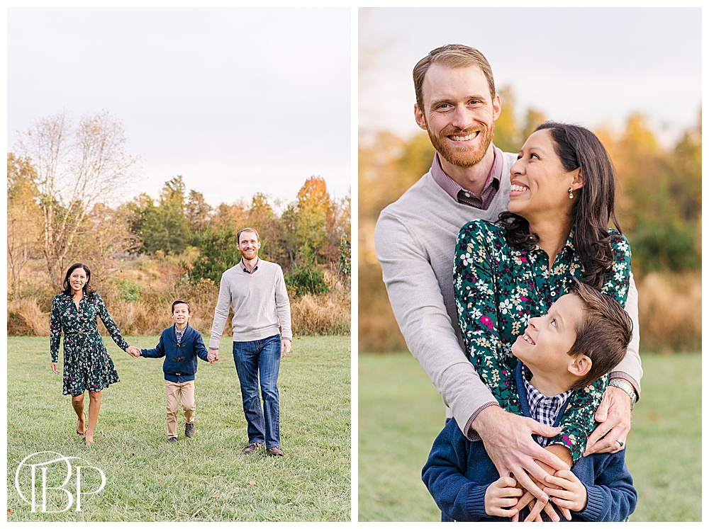 family of 3 during fall mini session in Sterling, VA, taken by TuBelle Photography, a Northern VA family photographer
